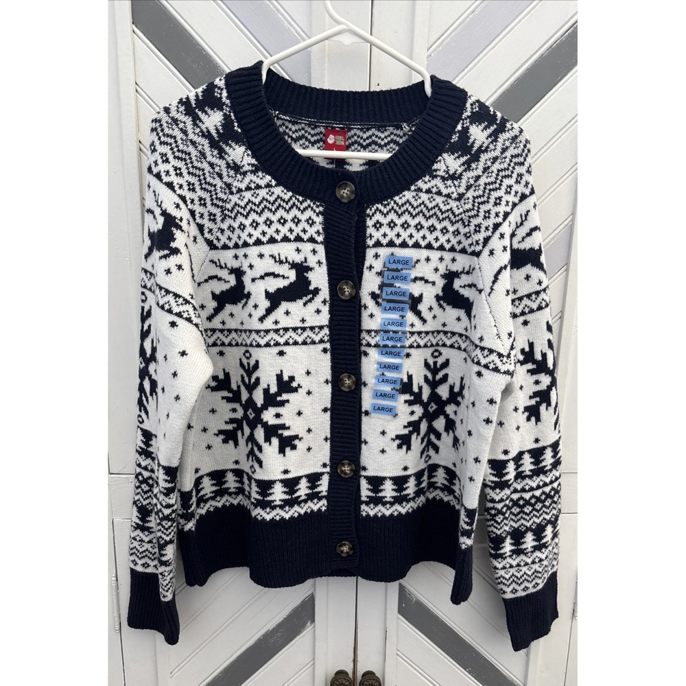 Dec. 25th Women's L NWT White Navy Snowflake Deer LS Button Up Knit Cardigan - Picture 8 of 15